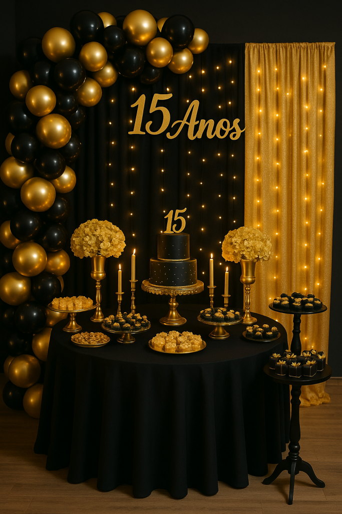 Decoração de Festa de Quinze Anos Preto e Dourado Simples