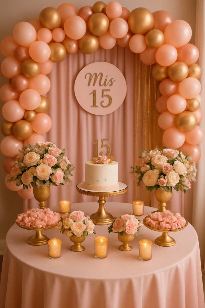 Decoração de Festa de Quinze Anos Rosa e Dourado Simples